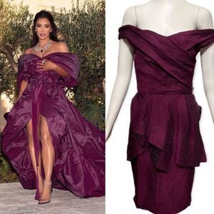 Lela Rose dress Silk Jacquard Peplum Midi plum purple black XS 4